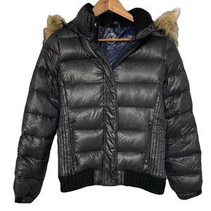 American Eagle Women’s Black Down Puffer Coat with Fir Trimmed Hood Size Med